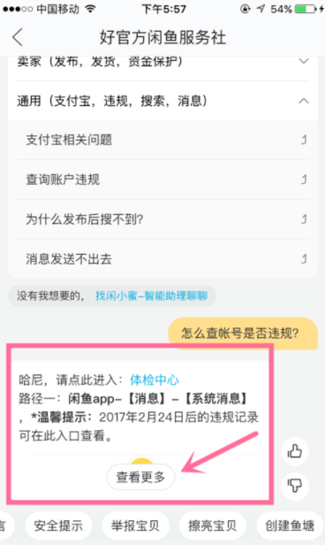 闲鱼APP查看违规处理的详细操作截图