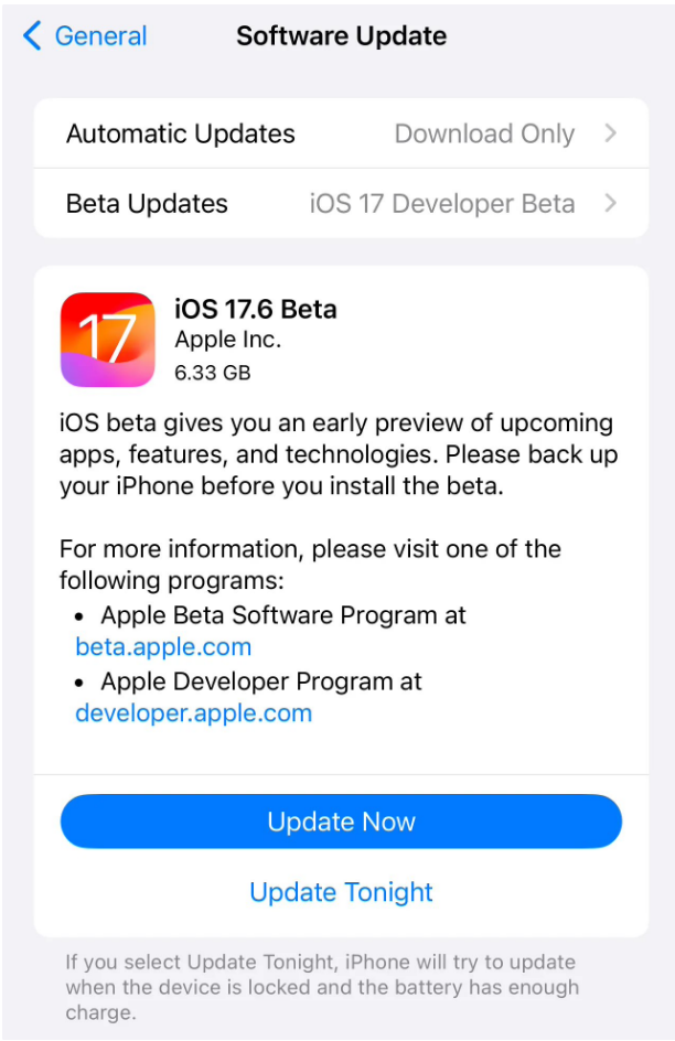苹果 iOS / iPadOS 17.6 开发者预览版 Beta 发布