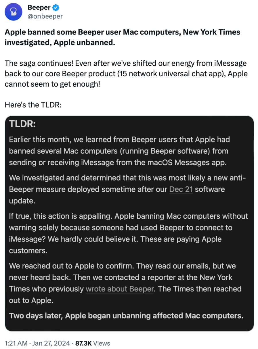 因部分 Mac 用户遭封禁，Beeper Mini 将放弃支持苹果 iMessage