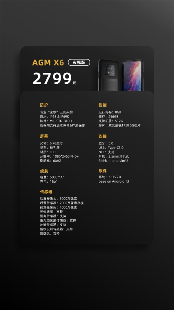 2799元！AGM X6三防旗舰发布：人为进水保修 系统无广告