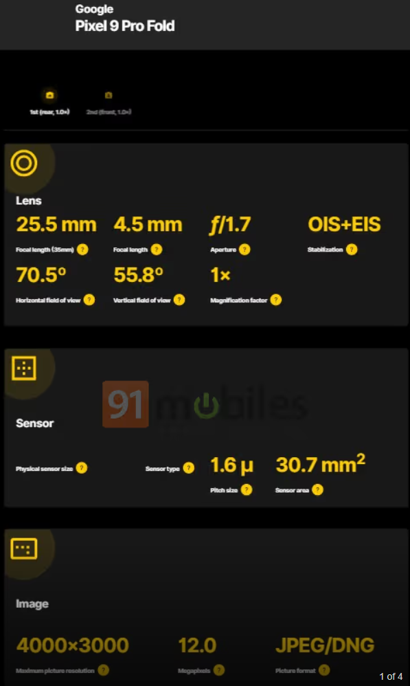 谷歌Pixel 9 Pro Fold摄像头规格曝光：4800万像素配F1.7光圈